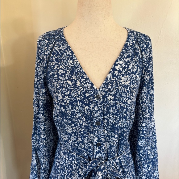 Madewell Tie Waist Long Sleeve Tiered Mini Dress Blue Ditsy Floral Size 00 - Picture 8 of 8